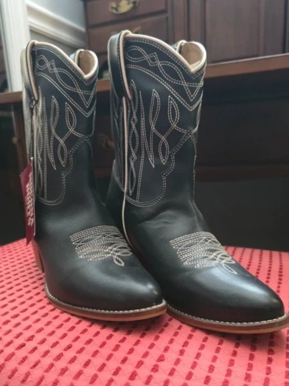 Nocona Black Leather Western Cowboy Boots NWT Contrast White Piping Size [8.5]